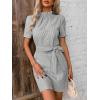 image:imagechouyatou Womens Vertical Striped Puff Short Sleeve Work Casual Shift Mini Dress with BeltGray