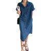 image:imagechouyatou Women Distressed Short Sleeve Shirt Dress Button Down Lapel Shift Midi Denim Dress with PocketsBlue