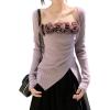 image:imagechouyatou Womens 2 Piece Outfits Cute Shrug Cardigan Sweater and 3D Flower Irregular Ribbed Knit Tube Top SetsPurple