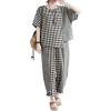 image:imagechouyatou Womens 2 Piece Outfits Linen Short Sleeve Top and Elastic Waist Crop Wide Leg Pants Lounge SetsBlack