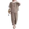 image:imagechouyatou Womens 2 Piece Outfits Linen Short Sleeve Top and Elastic Waist Crop Wide Leg Pants Lounge SetsBrown