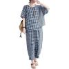 image:imagechouyatou Womens 2 Piece Outfits Linen Short Sleeve Top and Elastic Waist Crop Wide Leg Pants Lounge SetsDark Blue
