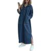 image:imagechouyatou Womens Casual Long Sleeve Maxi Denim Dress Fall Spring Loose 12 Button Down Tunic Jean DressDark Blue