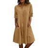 image:imagechouyatou Womens Casual Short Sleeve Denim Shirt Dress Button Down Tunic Shift Midi Long Jean Dress with PocketsKhaki