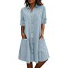 image:imagechouyatou Womens Casual Short Sleeve Denim Shirt Dress Button Down Tunic Shift Midi Long Jean Dress with PocketsLight Blue