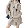 image:imagechouyatou Womens Sweater Skirt Set Ribbed Knit Button Down Cardigan Mini Skirt 2 Piece Sets Matching OutfitsBeige