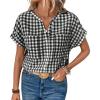 image:imagechouyatou Womens V Neck Gingham Button Down Cotton Shirt Plaid Blouses Short Sleeve Summer Tunic TopsBlack