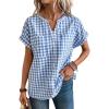 image:imagechouyatou Womens V Neck Gingham Button Down Cotton Shirt Plaid Blouses Short Sleeve Summer Tunic TopsBlue