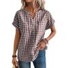 image:imagechouyatou Womens V Neck Gingham Button Down Cotton Shirt Plaid Blouses Short Sleeve Summer Tunic TopsBrown