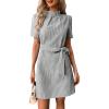 image:imagechouyatou Womens Vertical Striped Puff Short Sleeve Work Casual Shift Mini Dress with BeltGray
