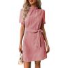 image:imagechouyatou Womens Vertical Striped Puff Short Sleeve Work Casual Shift Mini Dress with BeltRed