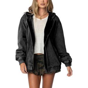 image:imageCHOUYATOU Womens 2026 Spring Hooded Denim Jacket Zip Up Jean Hoodie Trench Coat Casual Loose Bomber JacketBlack Gray