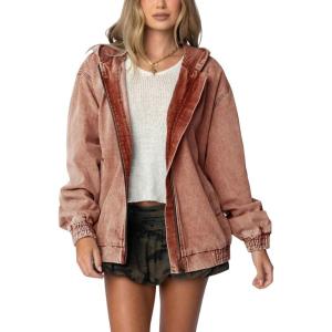 image:imageCHOUYATOU Womens 2026 Spring Hooded Denim Jacket Zip Up Jean Hoodie Trench Coat Casual Loose Bomber JacketBrown