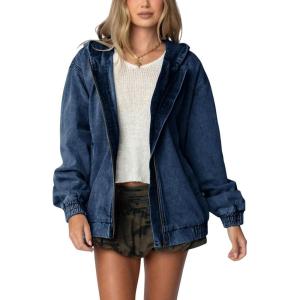 image:imageCHOUYATOU Womens 2026 Spring Hooded Denim Jacket Zip Up Jean Hoodie Trench Coat Casual Loose Bomber JacketDark Blue