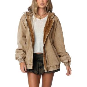 image:imageCHOUYATOU Womens 2026 Spring Hooded Denim Jacket Zip Up Jean Hoodie Trench Coat Casual Loose Bomber JacketKhaki