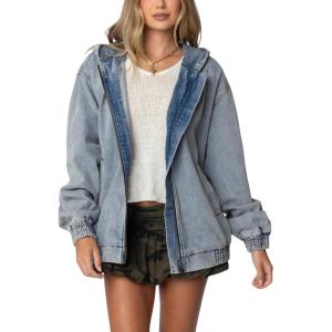 image:imageCHOUYATOU Womens 2026 Spring Hooded Denim Jacket Zip Up Jean Hoodie Trench Coat Casual Loose Bomber JacketLight Blue
