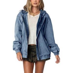 image:imageCHOUYATOU Womens 2026 Spring Hooded Denim Jacket Zip Up Jean Hoodie Trench Coat Casual Loose Bomber JacketMedium Blue