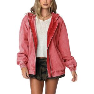 image:imageCHOUYATOU Womens 2026 Spring Hooded Denim Jacket Zip Up Jean Hoodie Trench Coat Casual Loose Bomber JacketWatermelon Red