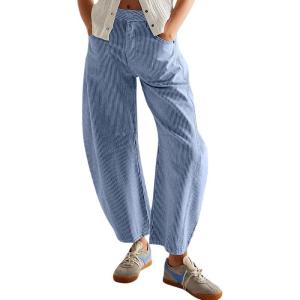 image:imageCHOUYATOU Womens Baggy Striped Barrel Jeans Wide Leg Y2K Mid Rise Patchwork Cropped Denim Ankle PantsBlue