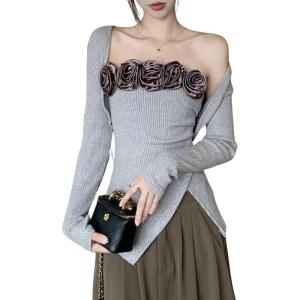 image:imagechouyatou Womens 2 Piece Outfits Cute Shrug Cardigan Sweater and 3D Flower Irregular Ribbed Knit Tube Top SetsGray