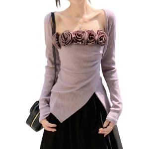 image:imagechouyatou Womens 2 Piece Outfits Cute Shrug Cardigan Sweater and 3D Flower Irregular Ribbed Knit Tube Top SetsPurple