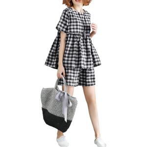 image:imagechouyatou Womens 2 Piece Outfits Gingham Cotton Short Sleeve Tank Top and Summer Elastic Waist Shorts SetBlack