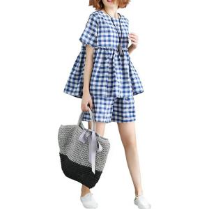 image:imagechouyatou Womens 2 Piece Outfits Gingham Cotton Short Sleeve Tank Top and Summer Elastic Waist Shorts SetBlue