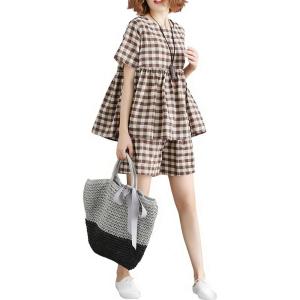 image:imagechouyatou Womens 2 Piece Outfits Gingham Cotton Short Sleeve Tank Top and Summer Elastic Waist Shorts SetCoffee