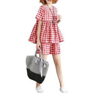 image:imagechouyatou Womens 2 Piece Outfits Gingham Cotton Short Sleeve Tank Top and Summer Elastic Waist Shorts SetRed