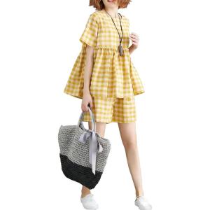 image:imagechouyatou Womens 2 Piece Outfits Gingham Cotton Short Sleeve Tank Top and Summer Elastic Waist Shorts SetYellow