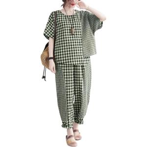image:imagechouyatou Womens 2 Piece Outfits Linen Short Sleeve Top and Elastic Waist Crop Wide Leg Pants Lounge SetsGreen