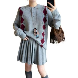 image:imagechouyatou Womens 2 Piece Sweater Skirt Set Argyle Plaid Pullover Polo Sweater Mini Pleated Skirt Matching OutfitsGray