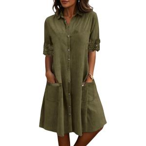 image:imagechouyatou Womens Casual Short Sleeve Denim Shirt Dress Button Down Tunic Shift Midi Long Jean Dress with PocketsArmy Green