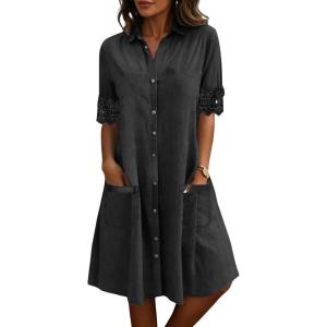 image:imagechouyatou Womens Casual Short Sleeve Denim Shirt Dress Button Down Tunic Shift Midi Long Jean Dress with PocketsBlack