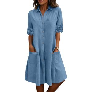 image:imagechouyatou Womens Casual Short Sleeve Denim Shirt Dress Button Down Tunic Shift Midi Long Jean Dress with PocketsBlue