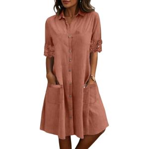 image:imagechouyatou Womens Casual Short Sleeve Denim Shirt Dress Button Down Tunic Shift Midi Long Jean Dress with PocketsBrown