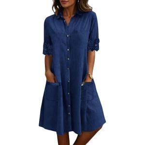 image:imagechouyatou Womens Casual Short Sleeve Denim Shirt Dress Button Down Tunic Shift Midi Long Jean Dress with PocketsDark Blue