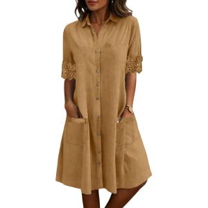 image:imagechouyatou Womens Casual Short Sleeve Denim Shirt Dress Button Down Tunic Shift Midi Long Jean Dress with PocketsKhaki