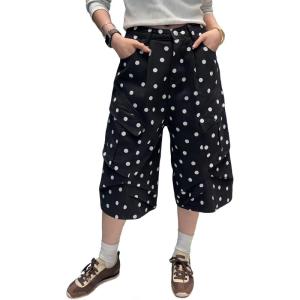 image:imagechouyatou Womens Polka Dot High Waisted Jean Shorts Wide Leg Cargo Five Points Bermuda Denim Shorts with PocketsBlack