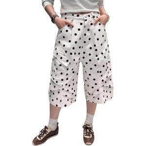 image:imagechouyatou Womens Polka Dot High Waisted Jean Shorts Wide Leg Cargo Five Points Bermuda Denim Shorts with PocketsWhite