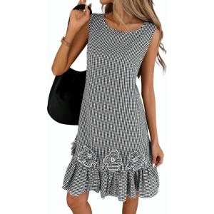 image:imagechouyatou Womens Summer Boho Plaid Ruffle Hem Dress Casual Gingham Tank Midi Long Dress Beach Party SundressBlack