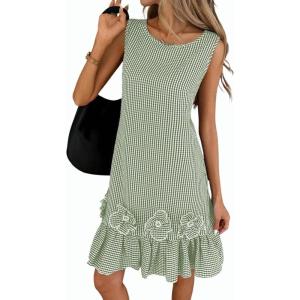 image:imagechouyatou Womens Summer Boho Plaid Ruffle Hem Dress Casual Gingham Tank Midi Long Dress Beach Party SundressGreen