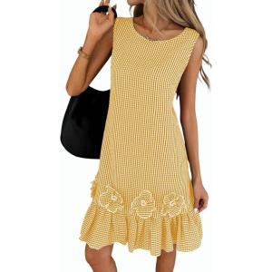 image:imagechouyatou Womens Summer Boho Plaid Ruffle Hem Dress Casual Gingham Tank Midi Long Dress Beach Party SundressYellow