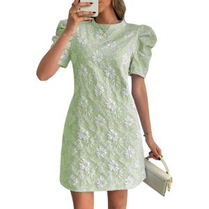 image:imagechouyatou Womens Summer Cute Floral Print Mini Dress Retro Puff Short Sleeve Work Casual Shift DressesGreen