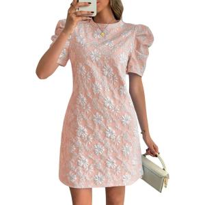 image:imagechouyatou Womens Summer Cute Floral Print Mini Dress Retro Puff Short Sleeve Work Casual Shift DressesPink