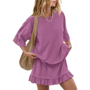 image:imagechouyatou Womens Summer Ruffle Skirt Set Casual Short Sleeve T Shirt Mini Skirt Lounge Set Vacation 2 Piece OutfitsPurple