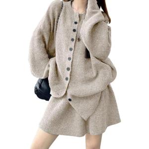 image:imagechouyatou Womens Sweater Skirt Set Ribbed Knit Button Down Cardigan Mini Skirt 2 Piece Sets Matching OutfitsBeige