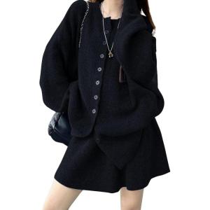image:imagechouyatou Womens Sweater Skirt Set Ribbed Knit Button Down Cardigan Mini Skirt 2 Piece Sets Matching OutfitsBlack