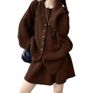 image:imagechouyatou Womens Sweater Skirt Set Ribbed Knit Button Down Cardigan Mini Skirt 2 Piece Sets Matching OutfitsCoffee