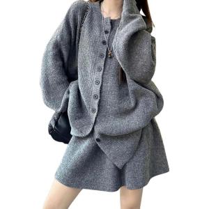image:imagechouyatou Womens Sweater Skirt Set Ribbed Knit Button Down Cardigan Mini Skirt 2 Piece Sets Matching OutfitsGray
